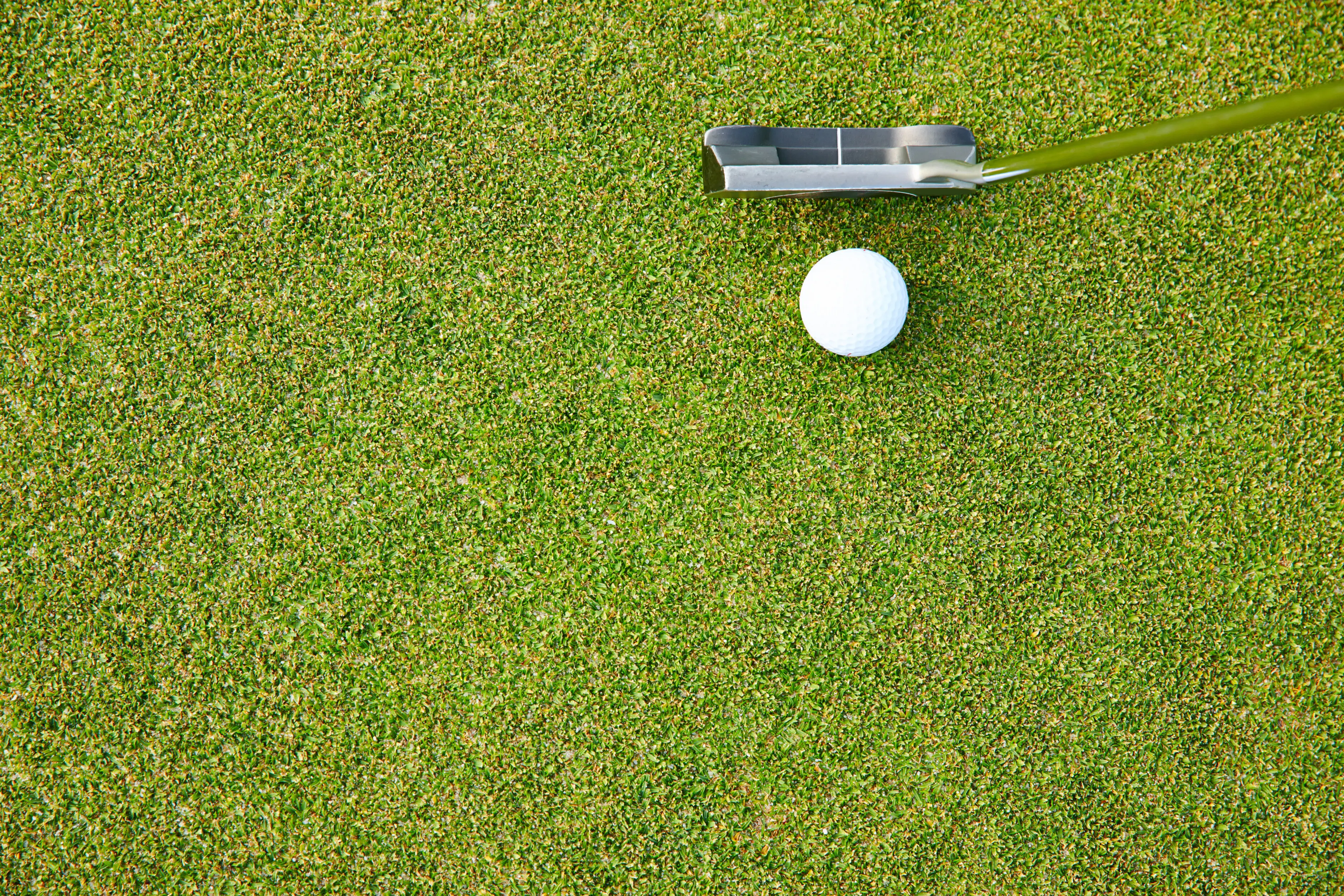 Golf ball, club, and turf for sports play and hobby, for outdoor summer recreation; club equipment and mockup on the field for putt training and activity on green grass for practice and game.