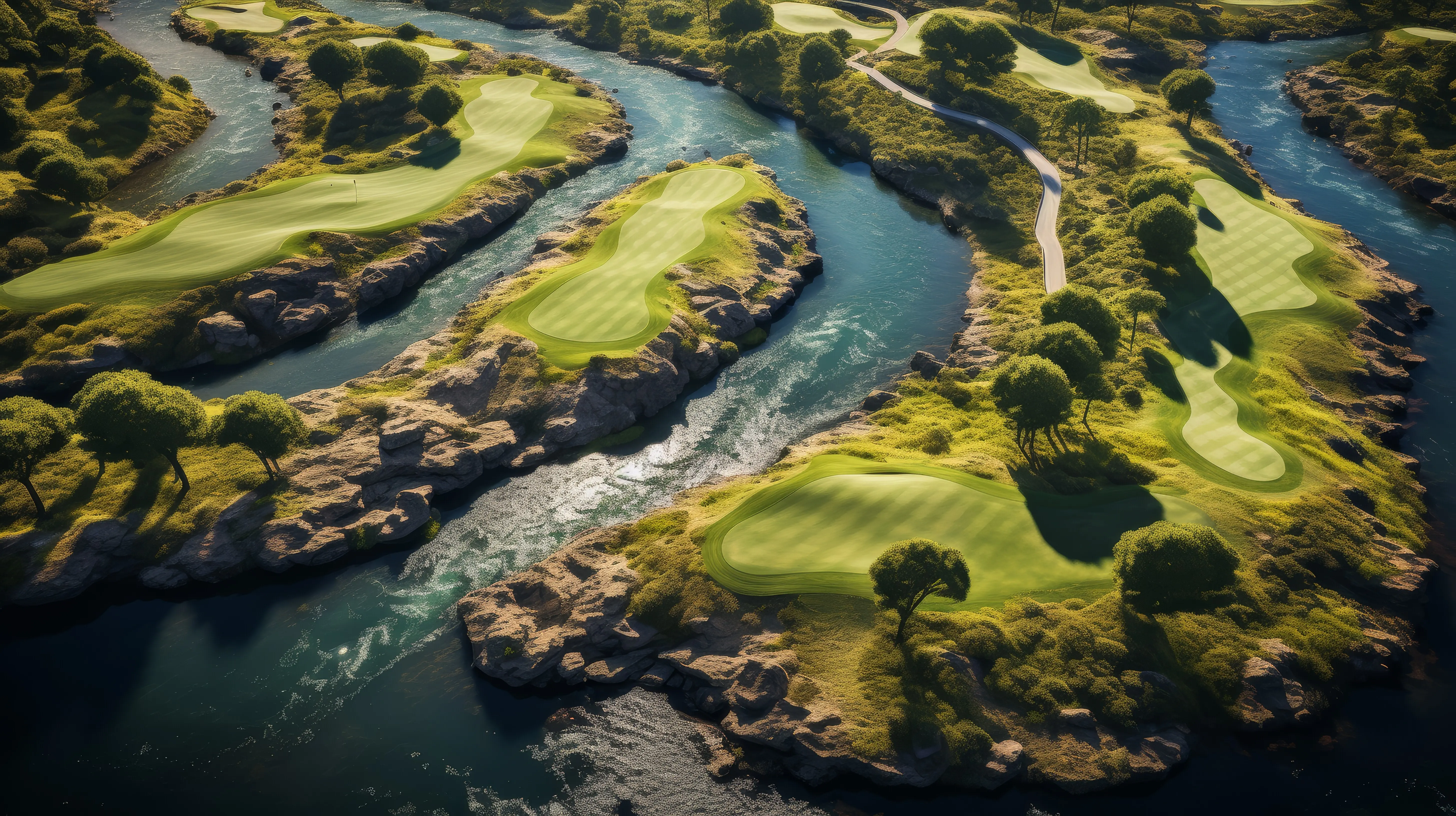 An aerial perspective of a clear river meandering through a lush golf course beneath a blue sky.