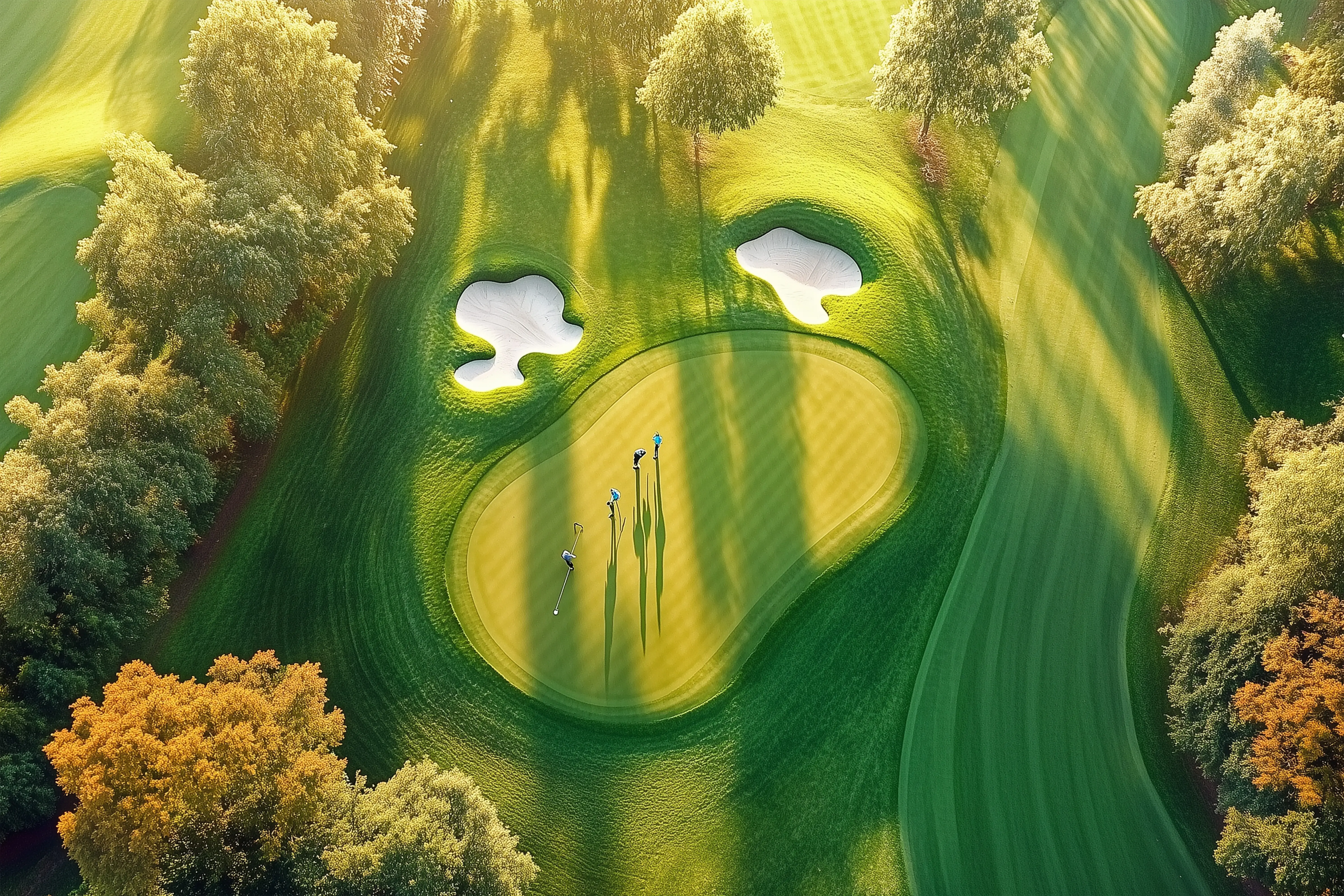 A picturesque golf course at sunrise, featuring a tranquil landscape with meandering paths and lush greens.